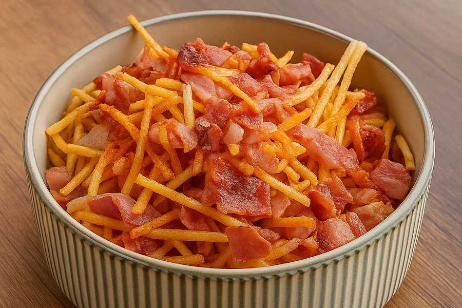 Scroob with fries and crispy becon