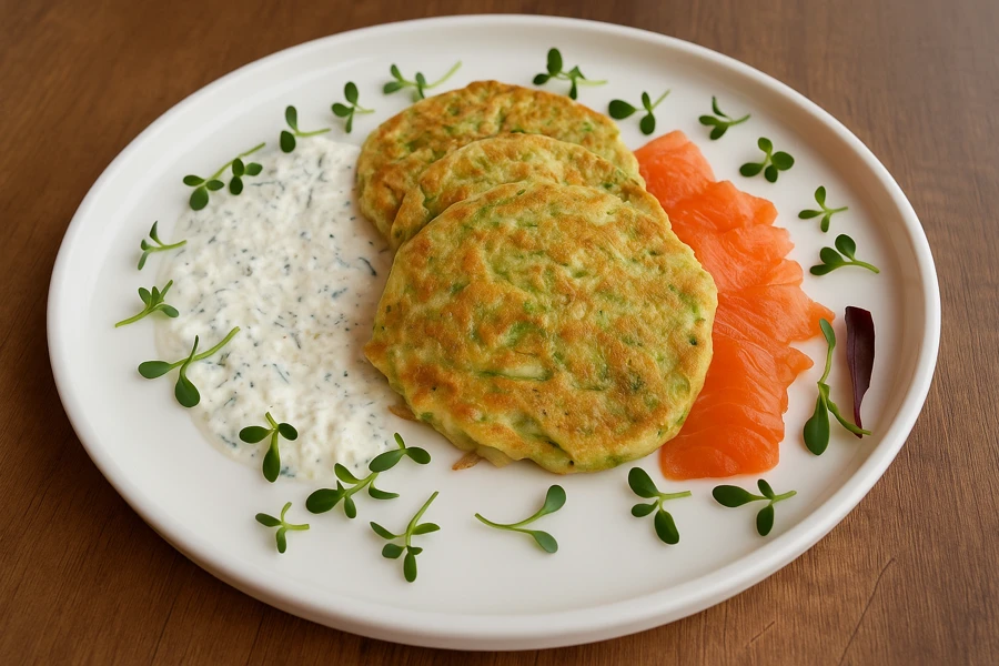 Zucchini pancakes with salmon