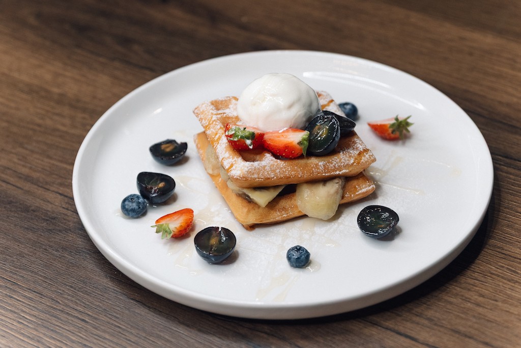 Belgian Waffles with banana and ice cream